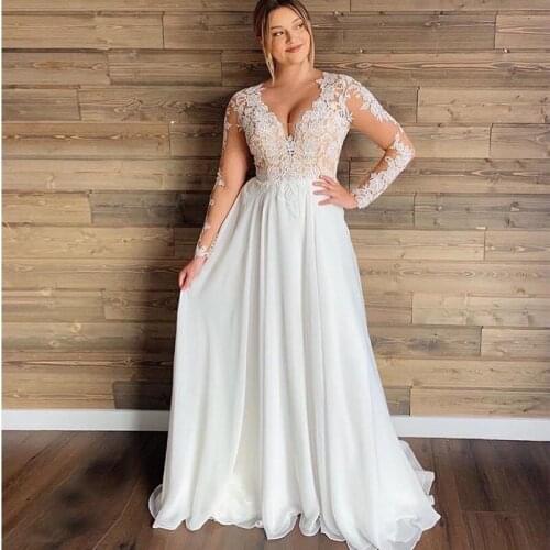New V-Neck Long Sleeve Plus Size Wedding Dresses Chiffon Lace See Through Back Custom Made Bridal Gonws
