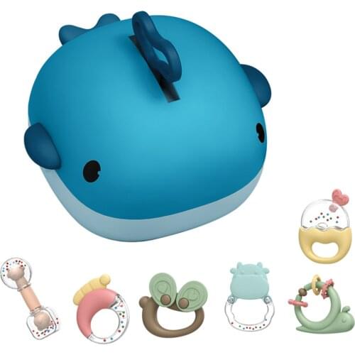 Novel Baby Cute Boiled Rattle Whale Storage Box Baby Teether Set Multiple Sounds & Colors Cartoon Shapes Teether Kit Infant Gift