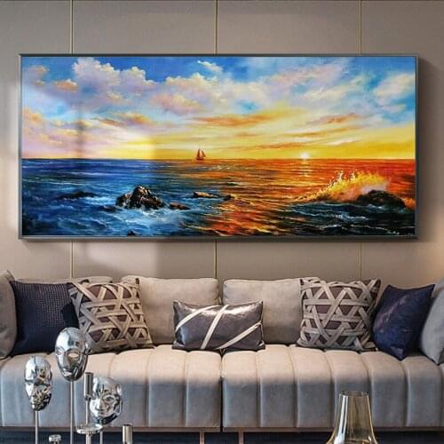 Natural Blue Beach Sunset Landscape Posters and Prints Canvas Painting Mediterran Scandinavian Wall Art Picture for Living Room