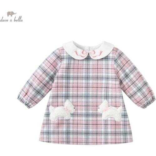 DBS19990 dave bella autumn baby girls cute cartoon plaid print dress children fashion party dress kids infant lolita clothes