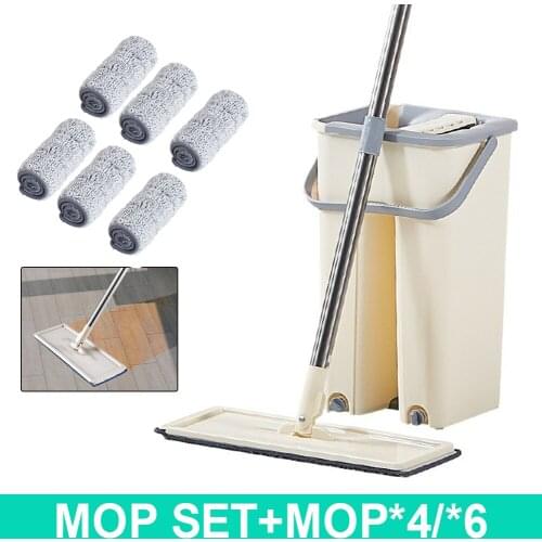 360° Rotating Flat Mop with Bucket Set Hands Free Squeeze Mop for Floor Cleaning with Stainless Steel Handle 4/6 Mop Pads