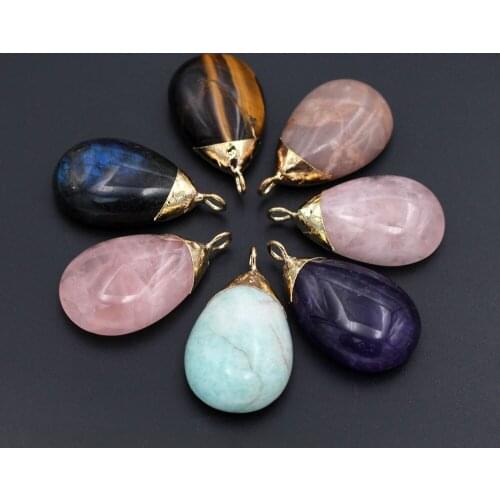10pcs Natural Stone Pendant Drops Charms Rose Quartz Amethyst Amazonite Pendant for DIY Healing Stone Jewelry Accessories