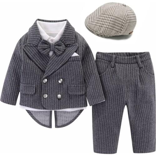 Baby Boy Tuxedo Clothing with Hat 2021 Spring Cotton Suit Newborn 1th Birthday Dress 3 Pieces Striped Infant Children Outfit