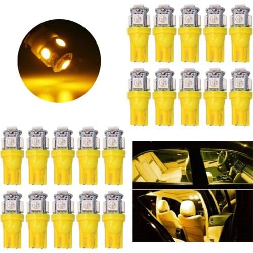 20Pcs T10 Yellow Wedge 5SMD 5050 LED Bulbs W5W 2825 192 168 194 Car Interior Reading Dome Trunk License Plate Lights 12V 24V