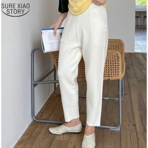 Warm Thicken Wollen Pants Women 2021 Autumn and Winter Casual Pocket Capris Wide Leg Trousers Knitted Chic Harem Pants 11069