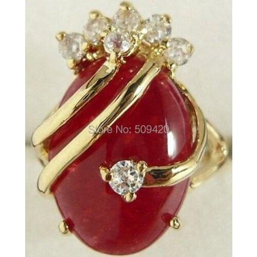 XFS20141er>>Jewelry - Red jade Inlay Crystal Ring 7, 8, 9