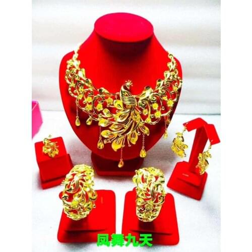 Yulaili New Arrivals Chinese Style Design Gold-color Phoenix Shape Bride Wedding Jewelry Sets Necklace Bracelet Earrings Ring