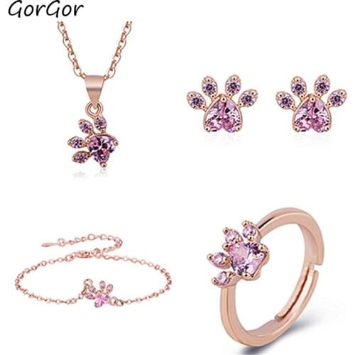 GorGor Jewelry Sets Women Copper Material Pattern Cat Paw Shape Rose Golden Pink Zirconia Exquisite Romantic Engagement Jewelry