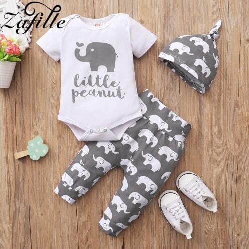 ZAFILLE Baby Boy Clothes Set 3pcs Gray Cartoon Elephant Clothes For Newborn Boy Sets and Hat Fashion Baby Costume