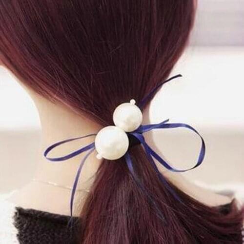2021 Women Imitation Pearl Tiara Satin Ribbon Bow Hair Band Rope Scrunchie Ponytail Holder Gum For Hair Accessories Hairstyle