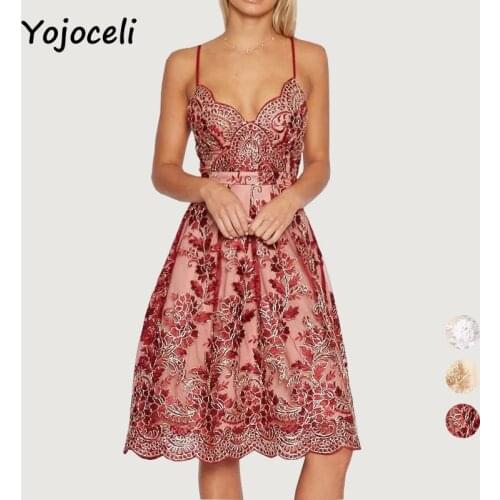 Yojoceli V neck embroidery lace party brand dress women Sexy floral formal strap white dress vestidos Elegant knee length dress