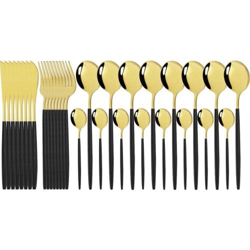 32Pcs/Set Dinnerware Set 304 Stainless Steel Cutlery Set Kitchen Mirror Black Gold Tableware Set Knife Fork Spoon Dinner Set