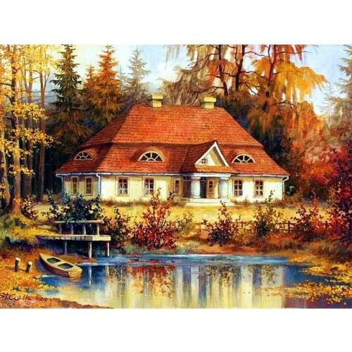 Diy Diamond Painting Red Tree House Landscape Diamond Round Diamond Decoration Customizable Wall Art Decoration Frameless Style