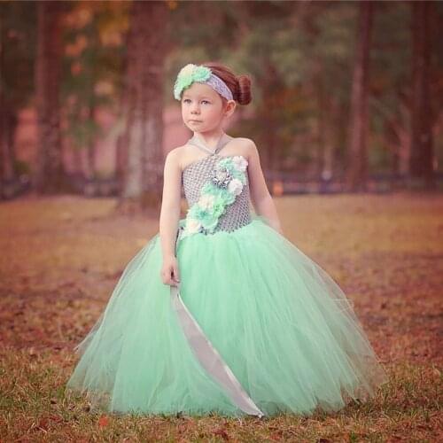 Girls Mint Green Flower Tutu Dress Kids Grey Crochet Tulle Dress Ball Gown with Hairbow Children Birthday Party Costume Dresses