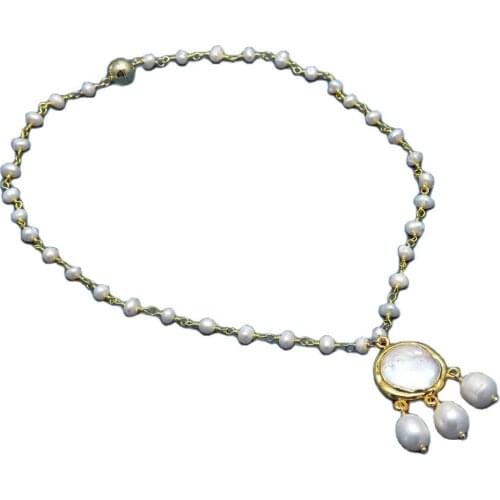 GG Jewelry Natural Freshwater Cultured White Pearl Rosary Chain Necklace White Coin Pearl Pendant 18" For Women