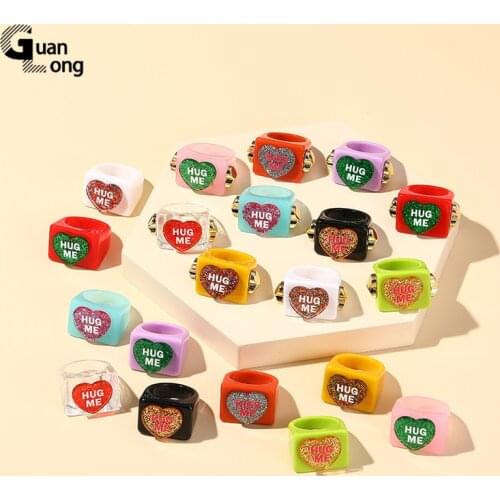 GuanLong 2021 Transparent Resin Acrylic Colourful Geometric Square Heart Rings for Women Punk Vintage Rings Jewelry Party Gifts