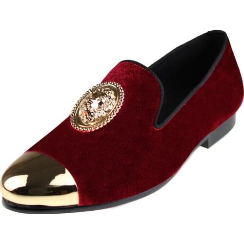 Harpelunde Men Red Dress Wedding Shoes Lion Buckle Velvet Loafer Copper Cap Toe Flats