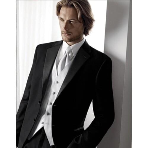 Custom Made Groom Tuxedo Black Groomsmen Notch Satin Lapel Wedding/Dinner Suits Best Man Bridegroom (Jacket+Pants+Tie+Vest)B302