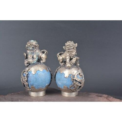 Collection Qing Dynasty a pair of Silver&jade Lion Hydrangea,free shipping