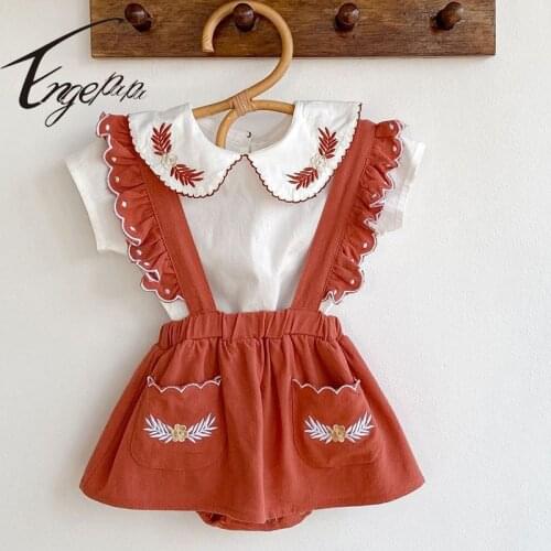 Engepapa Korean Style Newborn Baby Jumpsuit Overall+Embroidered Cotton Short Sleeve T-shirt Summer Toddler Baby Girl Rompers