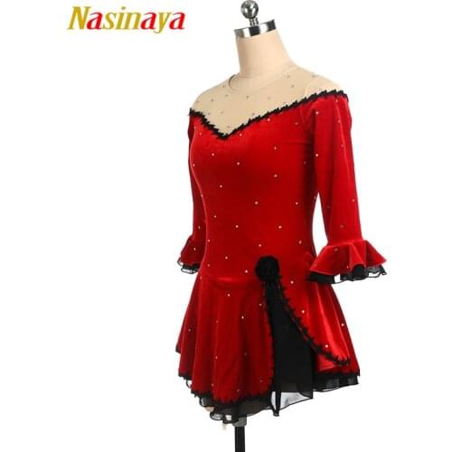 Nasinaya Figure Skating Costume Dress Black red lace Ice Skating Skirt for Girl Women Kids Customized size