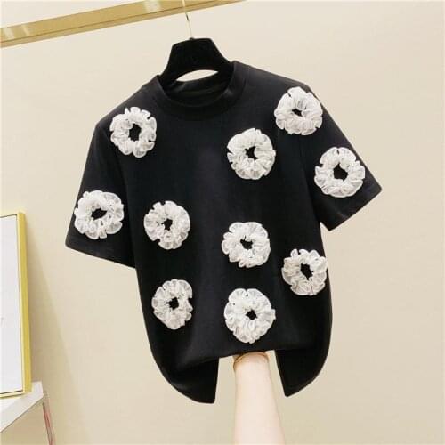 Craftsmanship Three-dimensional Flower Pure Cotton Short-sleeved T-shirt Women Korean Style Loose Simple Half-sleeved T-shirt