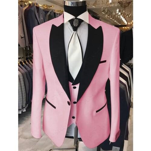 Brand New Men Suits Pink Groom Tuxedos Peak Black Satin Lapel Groomsmen 3 Pieces Wedding ( Jacket + Pants + Vest + Tie ) D282