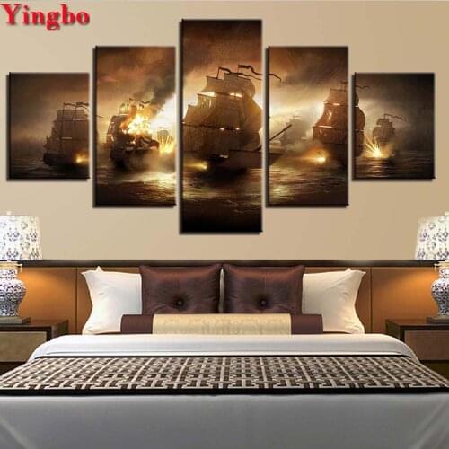 Full Square/Round drill diy diamond painting 5 Pieces Sea Battle Ships Flame diamond embroidery mosaic pictures of rhinestones