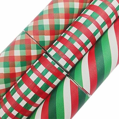 Onefly Wholesales Dropshipping Leather Supplier Christmas Stripes Plaids Tartan Printed Faux Leather Felt Backing Bow DIY FZ158A