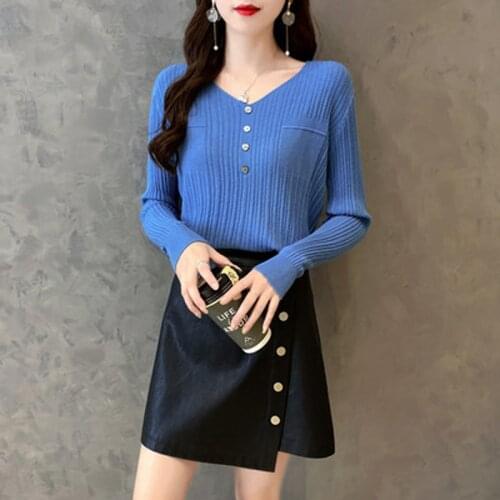 Autumn Winter Basic Knitted Blue White Sweater Women 2020 Fashion Casual V-neck Female Pullovers Korean lady Jumpers