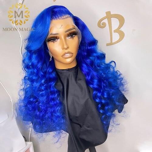 Deep Wave Frontal Wig Blue Colored Human Hair Wigs Womens Transparent Lace Frontal Wig Human Hair Brazilian Hair Baby Hair