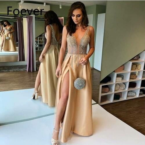 Sexy Champagne Side Split Evening Dresses Deep V Neck Backless Beading Evening Party Dress Floor Length Custom Made Evening Gown