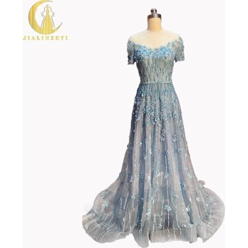 Rhine Real Sample Image Luxurious Sky Blue Beads Hand FLowers A-line Dress for Party Evening Dresses