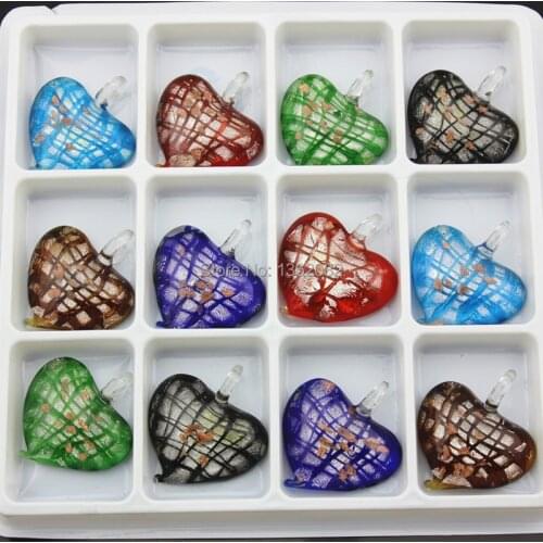 Fashion 12pcs/lot Unique Lampwork Murano Art Glass Heart Shape Charms Pendant Necklace Jewelry Wholesale SENHUA MC22