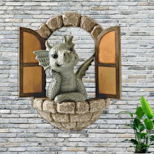 Resin Dinosaur climbs the window Garden Decoration Statue Open door dinosaur Fairy Ornament Easter Outdoor Creative Props Crafts