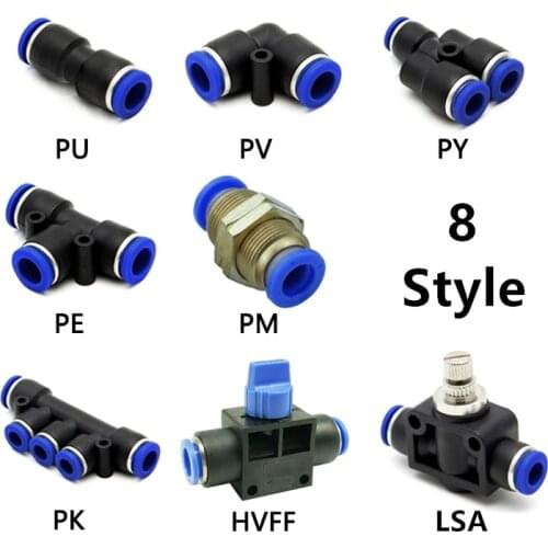 PU/PV/PY/PE/PM/PK/HVFF/LSA 1PC T/Y/L/Straight Type Pneumatic Push In Fittings For Air/Water Hose and Tube Connector 4mm to 12mm