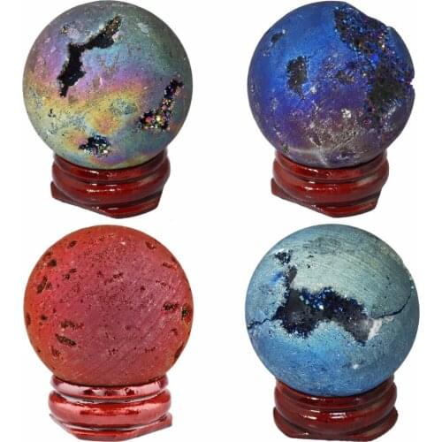 TUMBEELLUWA Natural Druzy Agate Geode Titanium Coated Reiki Healing Crystal Quartz Ball Sphere Figurines with Wood Stand