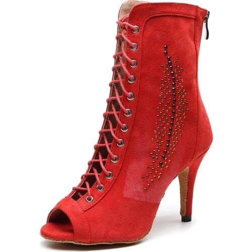 Jazz Salsa Ballroom Plus Size Latin Dance Shoes for Women Slip on Dancers Tap Stylish High Heel Rinestones Dancing Boots Red