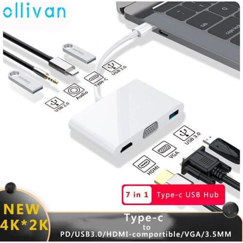 USB Hub Type-c to PD USB 3.0 HDMI-Compatible VGA Audio 3.5mm SD TF Card Reader Adapter 4K For MacBook Pro/Air Samsung Microsoft