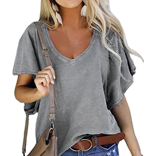 2021 New Summer Womens Tops V-Neck Solid Color T-Shirt Short Sleeve Casual Loose Comfortable Plus Size Femme