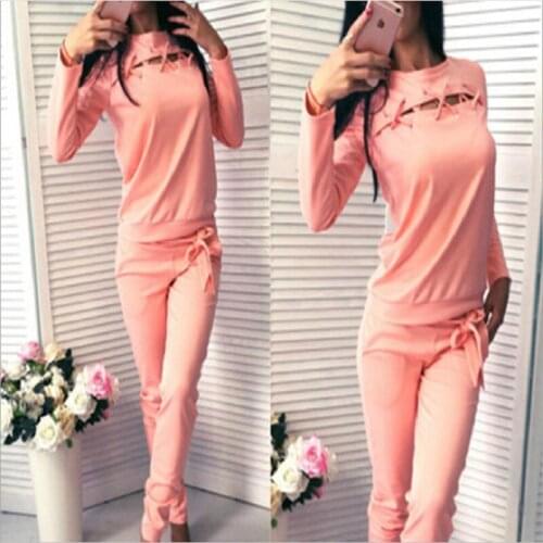 Damdos Womens Sportswear New Solid Color Long-sleeved Sweater Two-piece Casual Sportswear Suit