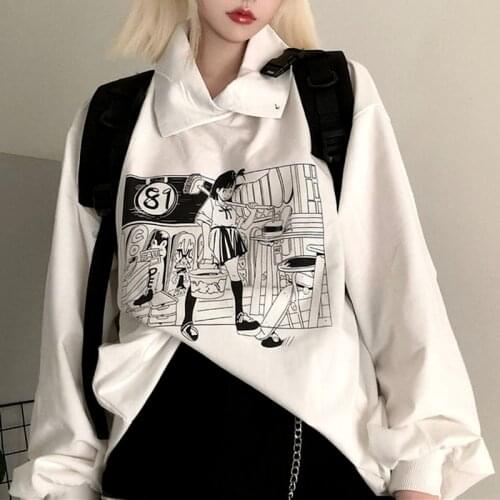 QWEEK Harajuku Manga Anime Hoodies Women Autumn 2021 Japanese Streetwear Kawaii Cute Print Long Sleeve Sweatshirt White Top