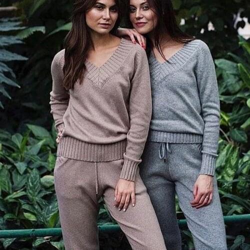 TYHRU Women knitting suits sets Autumn Winter V-neck pullovers sweater+ long pants sets