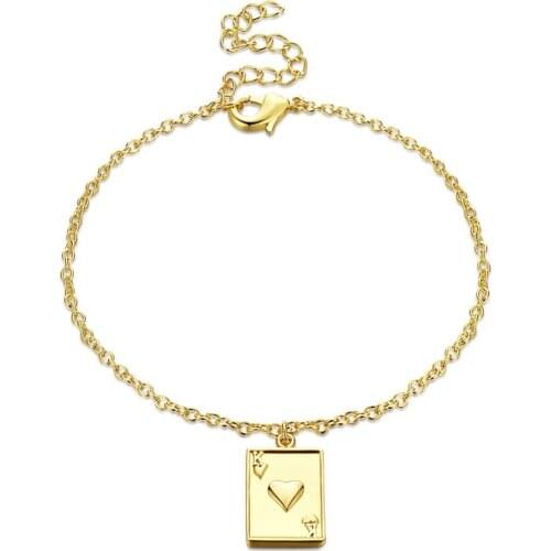 Poker Card King Heart Pendant Bracelet Women Gold Color Bronze Square Drop Link Chain Lobster Claps Bracelet Exquisite Jewelry