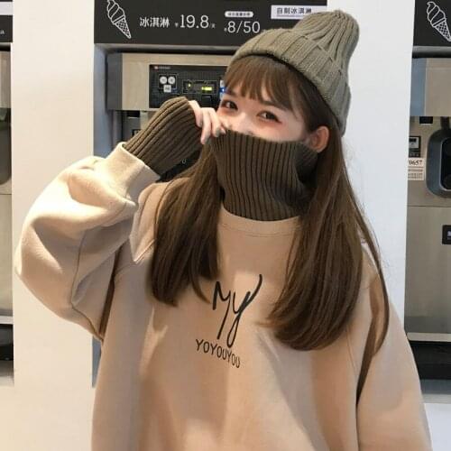 Winter knitted pullover women loose large size turtleneck letter printing plus velvet pullover female female casual sweatshirts