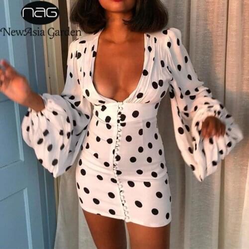 NewAsia Polka Dot Dress Lantern Sleeve Deep V Neck Single Breasted Zipper Short Dresses for Women Party Fashion Fall Casual Robe