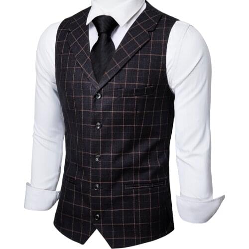 Black Men Suit Vest Notch Lapel Slim Fit Plaid Vest Sleeveless Formal Business Wedding Outdoor Male Waistcoat Barry.Wang