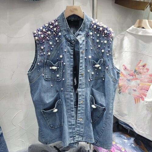 Heavy Work Pearl Beaded Denim Vest Lady Sleeveless Coat Loose Single Row Concealed Buckle Women Waistcoat Spring Summer Casual