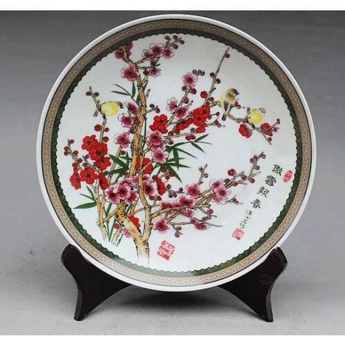 Exquisito chino hecho a mano familia arcaica Rosa porcelana placa pintada con pájaros y flores n. ° 3