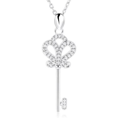 IJD0004 925 Sterling Crown Key Pendant Necklace 18" for Women Girl Anniversary Wedding Gift